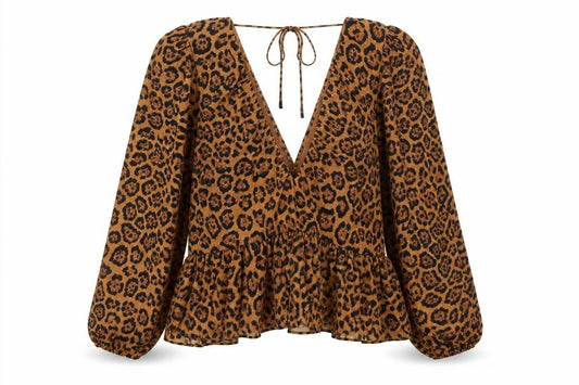 Front view of H&M women’s brown animal print polyester blend tunic blouse, size XL, v-neck