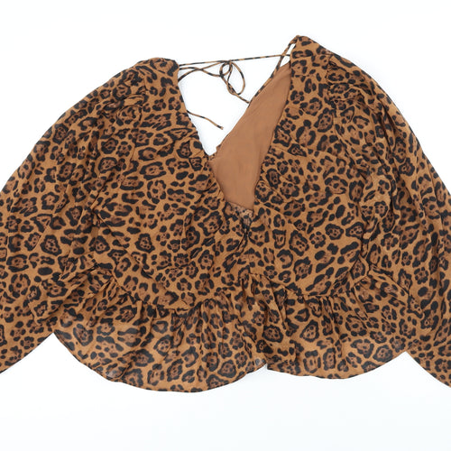 H&M Womens Brown Animal Print Polyester Blend Tunic Blouse Size XL V-Neck