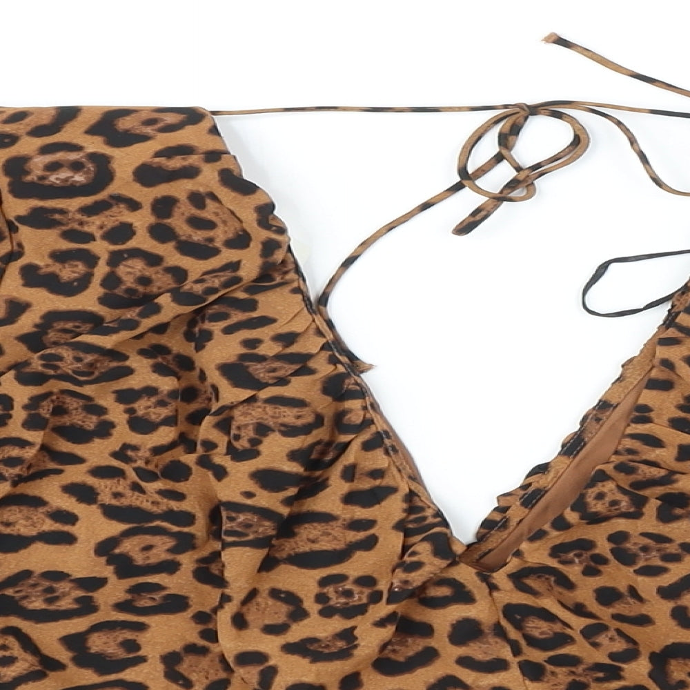 H&M Womens Brown Animal Print Polyester Blend Tunic Blouse Size XL V-Neck