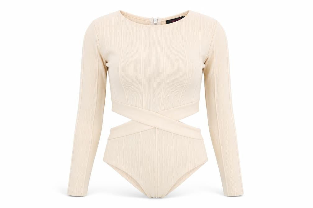 Front view of Edge women’s beige polyester bodysuit one-piece, size UK 10, snap