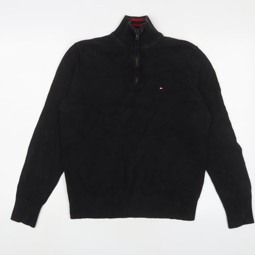 Tommy Hilfiger Mens Black High Neck Cotton Pullover Jumper Size M Long Sleeve - Logo, Embroidered