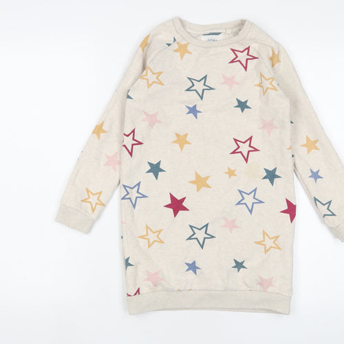 Fat Face Girls Beige Geometric Cotton Jumper Dress Size 8-9 Years Crew Neck Pullover - Stars