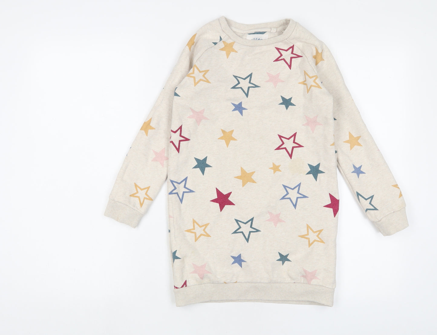 Fat Face Girls Beige Geometric Cotton Jumper Dress Size 8-9 Years Crew Neck Pullover - Stars