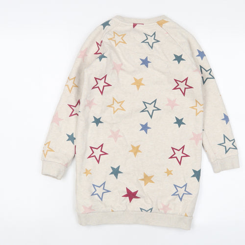 Fat Face Girls Beige Geometric Cotton Jumper Dress Size 8-9 Years Crew Neck Pullover - Stars