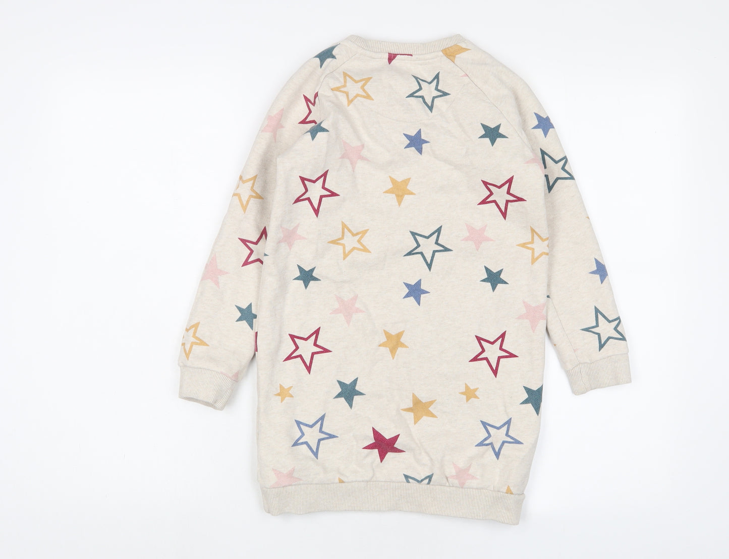 Fat Face Girls Beige Geometric Cotton Jumper Dress Size 8-9 Years Crew Neck Pullover - Stars