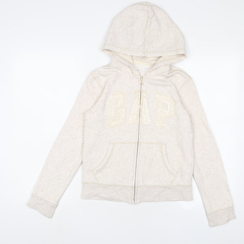 Gap Girls Beige Cotton Full Zip Hoodie Size 12 Years Zip - Logo, Embroidered