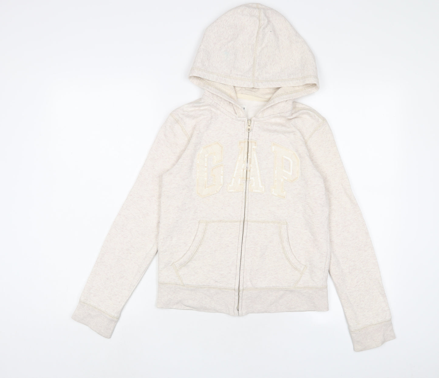 Gap Girls Beige Cotton Full Zip Hoodie Size 12 Years Zip - Logo, Embroidered