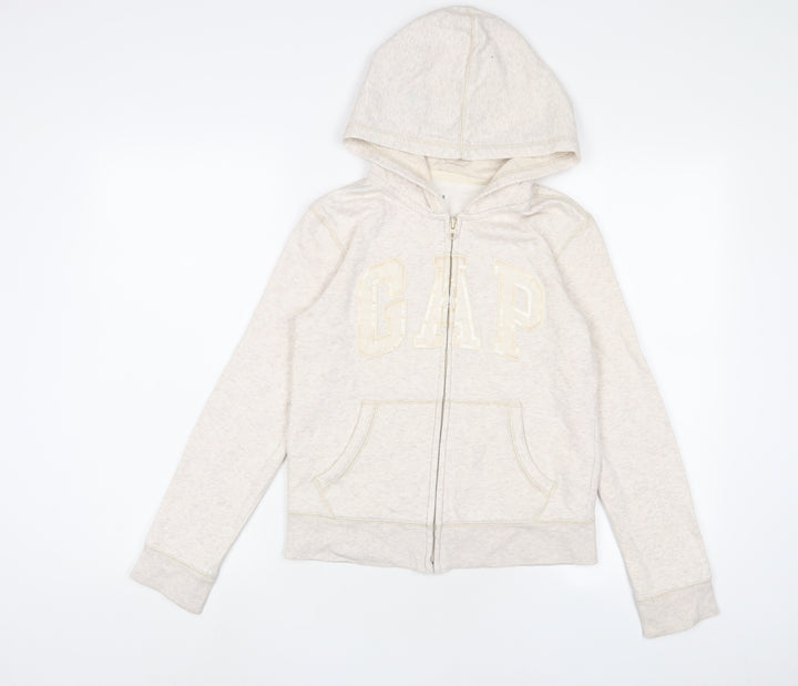 Gap Girls Beige Cotton Full Zip Hoodie Size 12 Years Zip - Logo, Embroidered