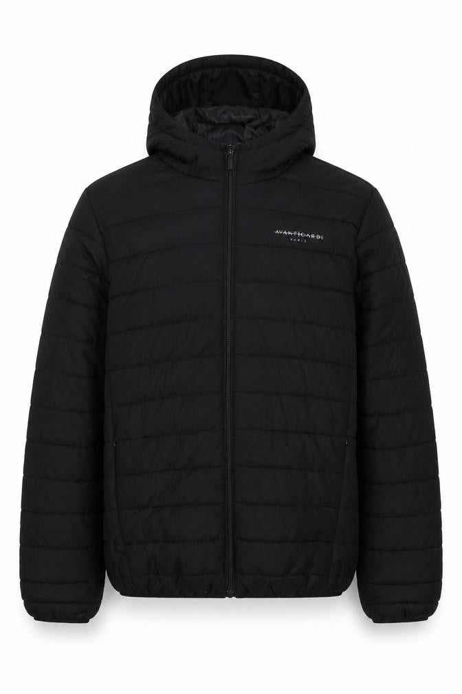 Front view of Avant Garde men’s black puffer jacket jacket, size L, zip