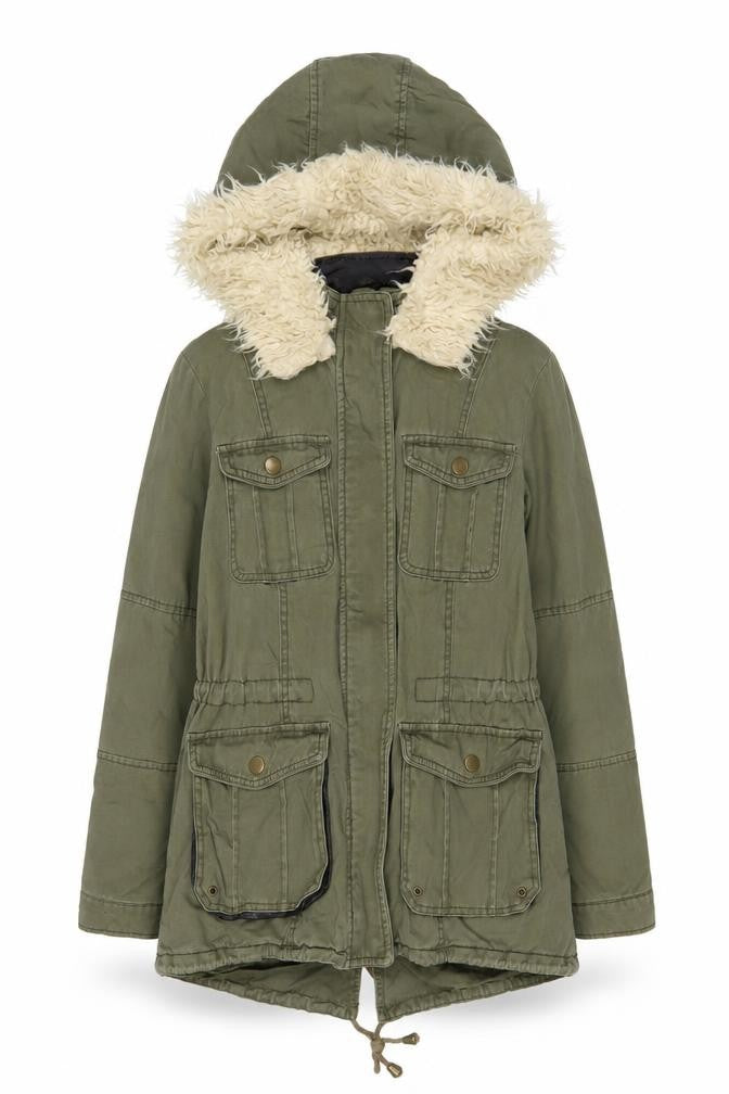 Front view of New Look women’s green parka coat, size UK 8, zip