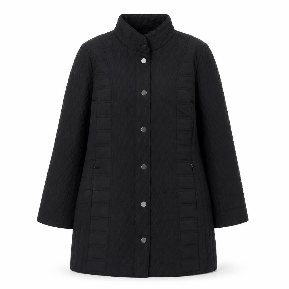 Front view of TIGI women’s black quilted jacket, size UK 14, zip