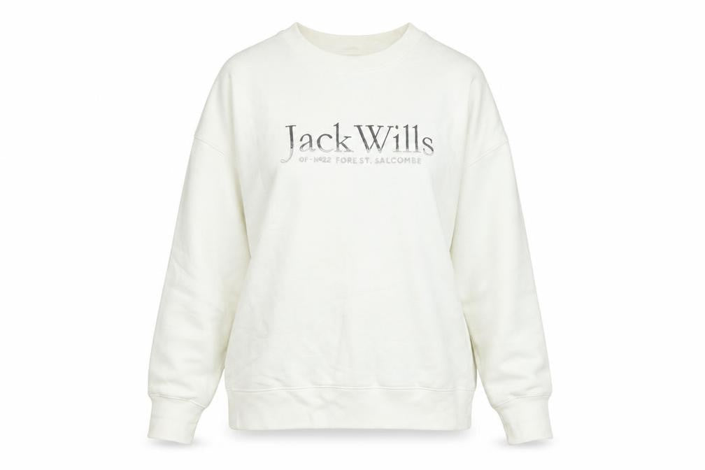 Front view of Jack Wills women’s ivory polyester pullover sweatshirt, size UK 8, - logo