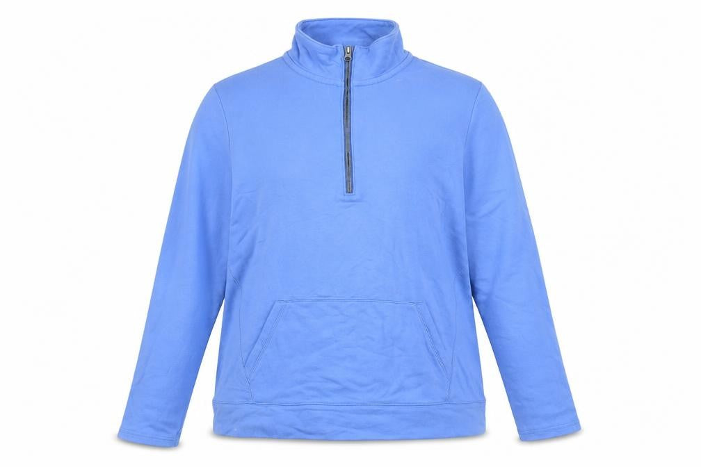 Front view of Lands End women’s blue polyester pullover sweatshirt, size XL, - logo