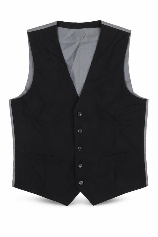 Front view of Burton men’s black polyester jacket suit waistcoat, size M, regular