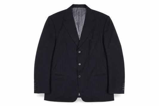 Front view of Marks & Spencer men’s blue striped wool jacket suit jacket, size 44, regular