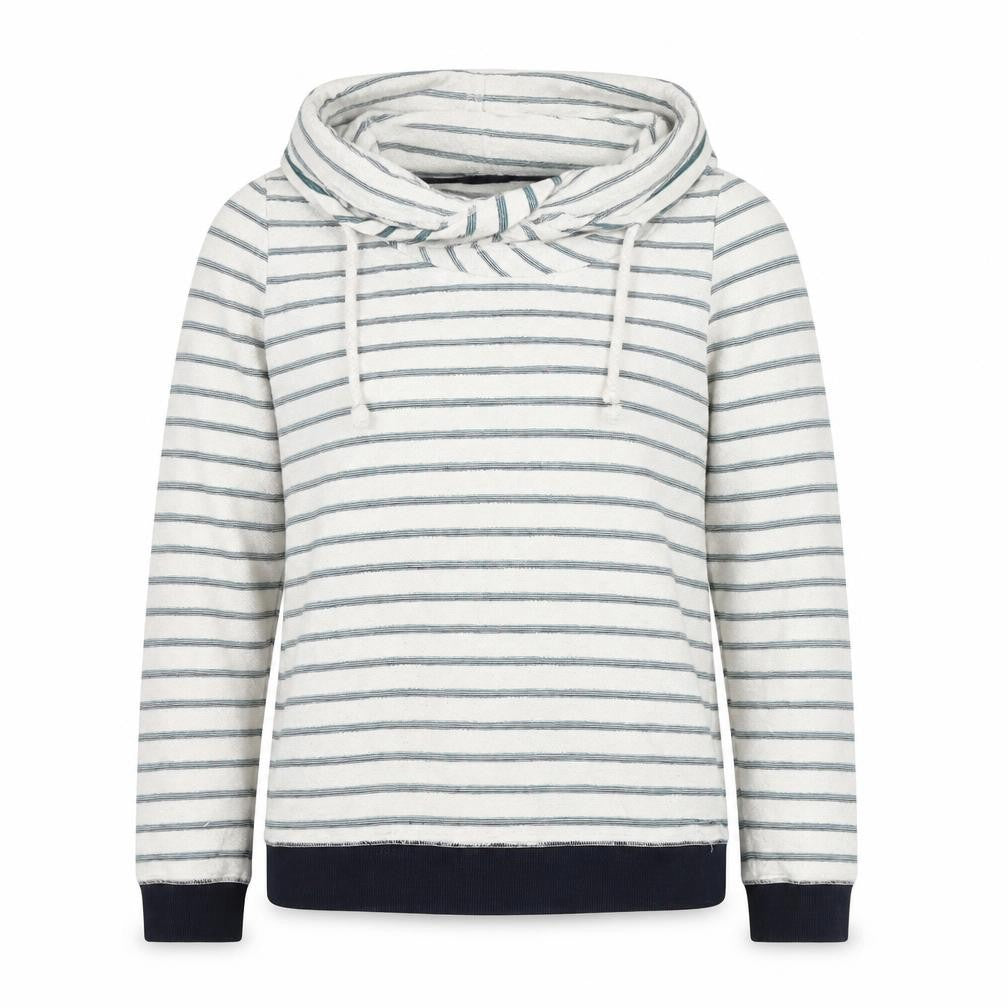 Front view of Anti Blue women’s white striped cotton pullover sweatshirt, size S, pullover