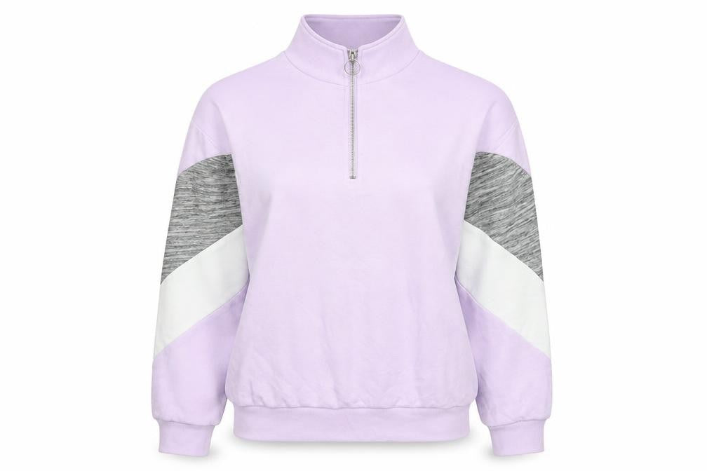 Front view of PINK women’s purple floral cotton pullover sweatshirt, size S, pullover