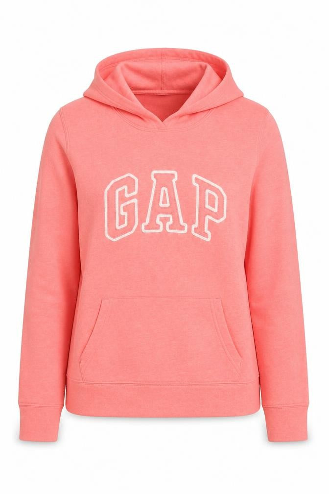 Front view of Gap women’s pink cotton pullover hoodie, size M, pullover - logo