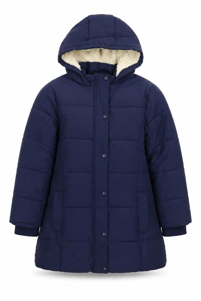Front view of John Lewis girls’ blue parka coat, size 10, years zip
