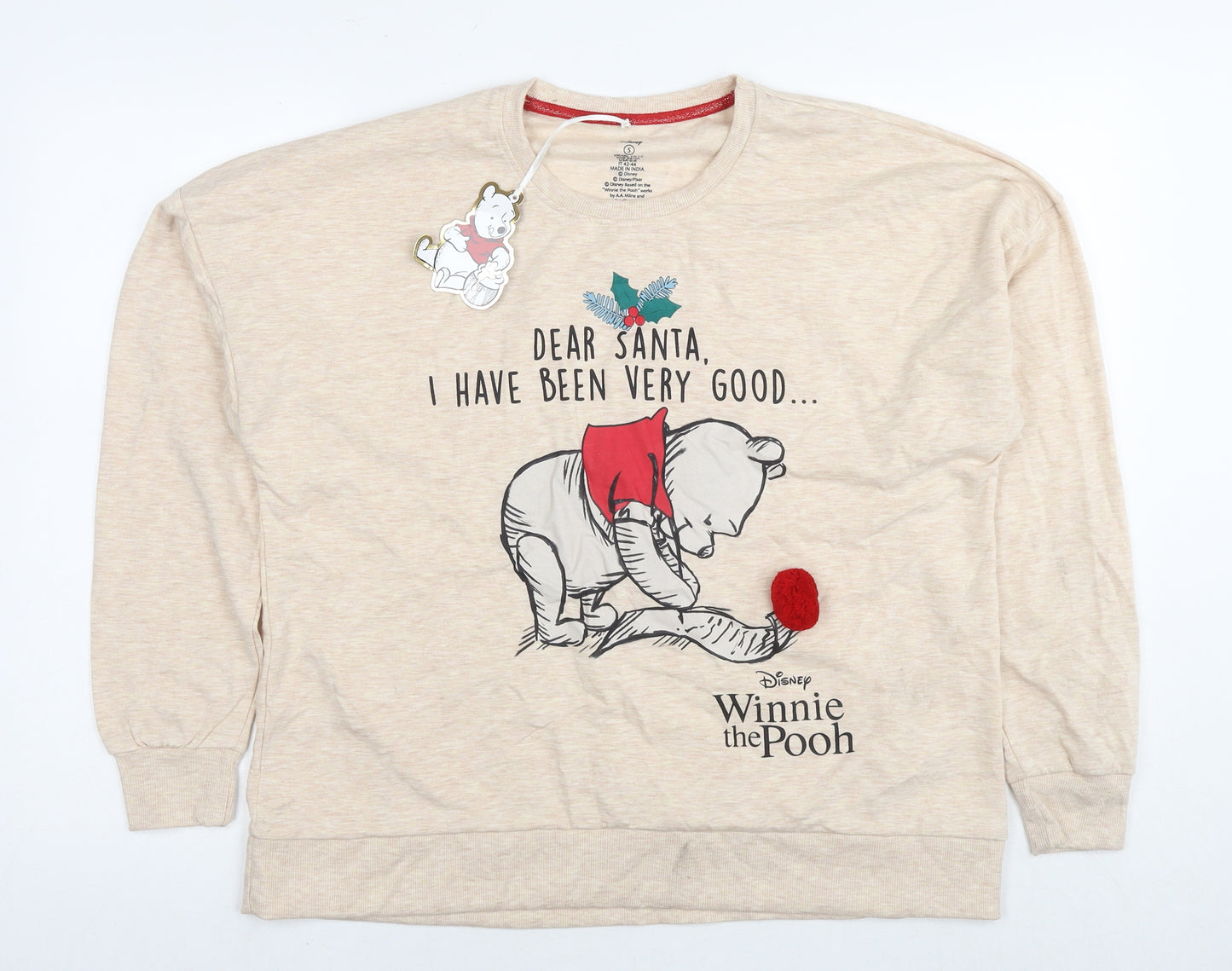 Winnie the Pooh Womens Beige Polyester Pullover Sweatshirt Size 10 Pullover - Christmas Jumper Size 10-12