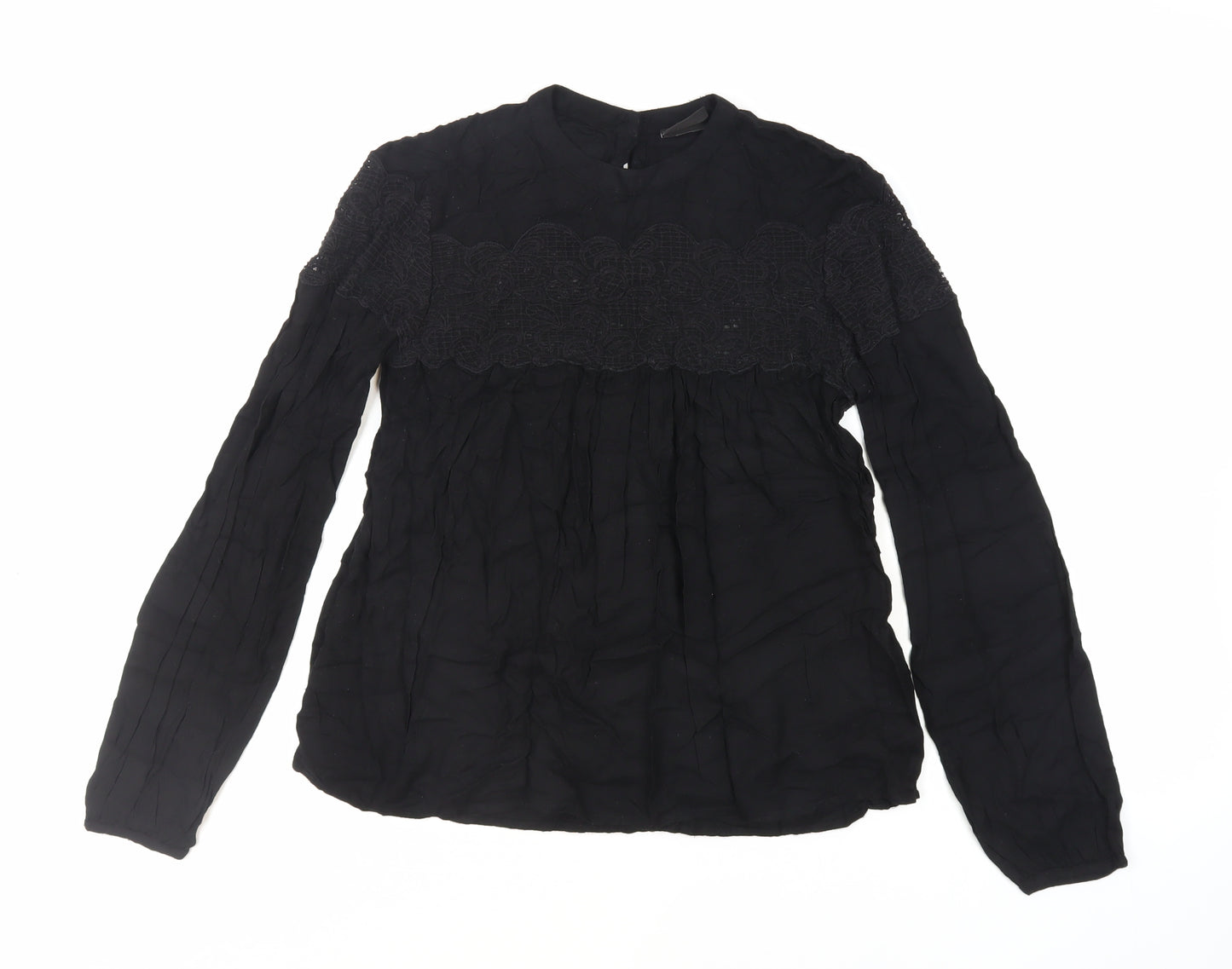 VILA Womens Black Viscose Basic Blouse Size XS Round Neck - Lace Detail