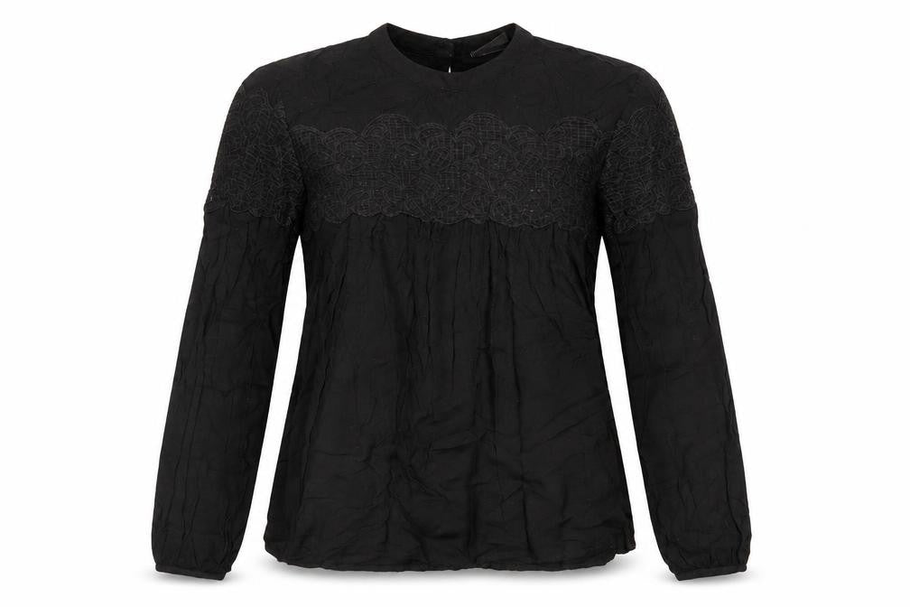 Front view of VILA women’s black viscose basic blouse, size XS, round neck - lace detail