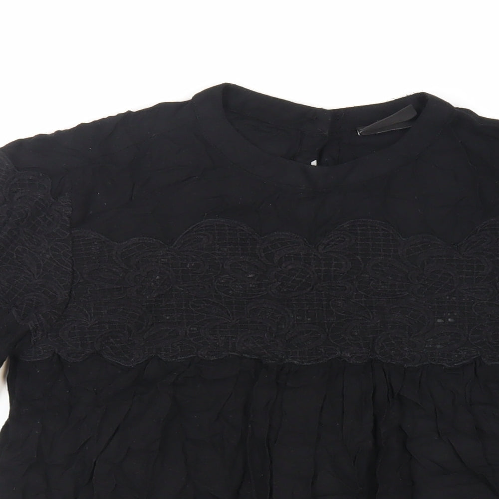 VILA Womens Black Viscose Basic Blouse Size XS Round Neck - Lace Detail