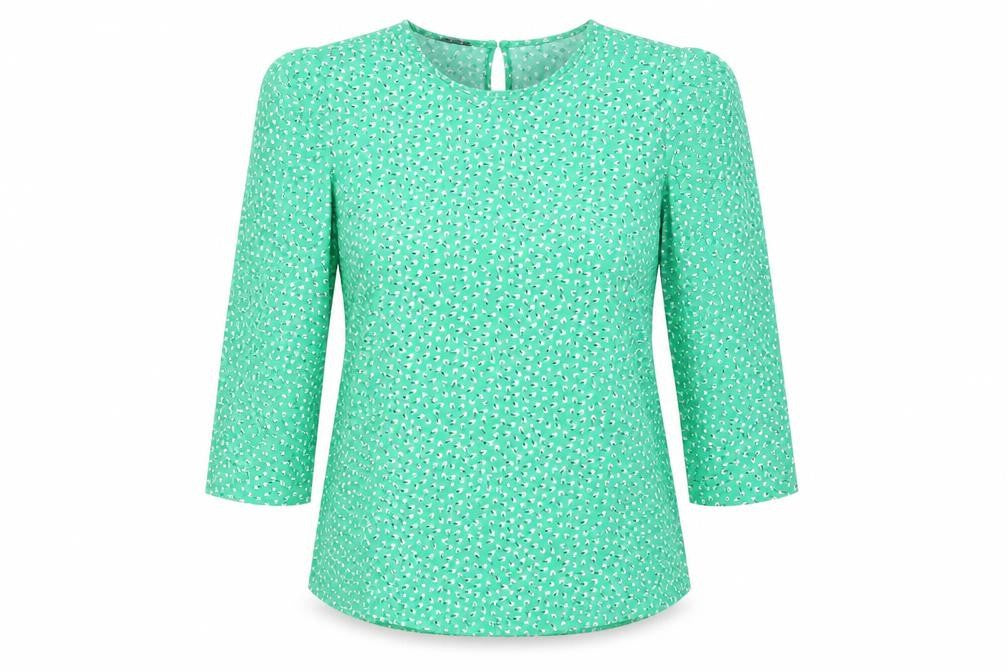 Front view of Adrianna Papell women’s green floral polyester basic blouse, size L, mock neck