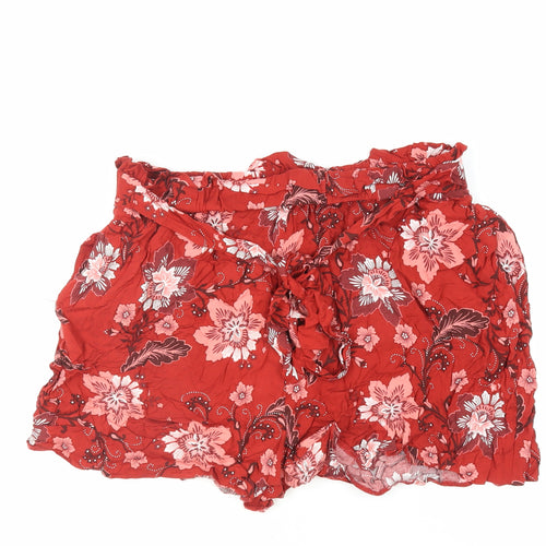 Dorothy Perkins Womens Red Floral Viscose Basic Shorts Size 16 L4 in Regular - Elasticated Waist