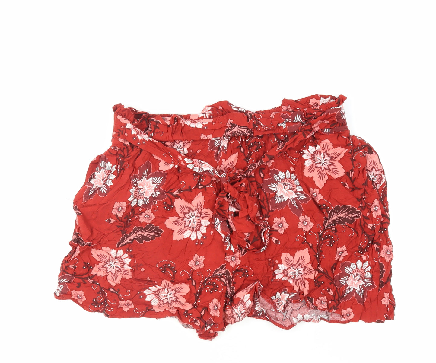 Dorothy Perkins Womens Red Floral Viscose Basic Shorts Size 16 L4 in Regular - Elasticated Waist