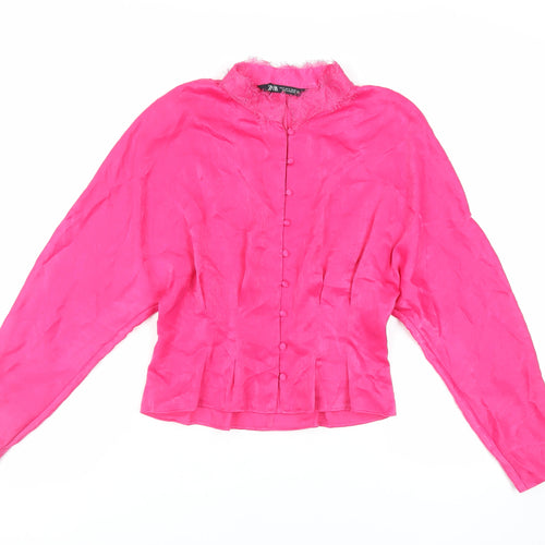 Zara Womens Pink Polyester Basic Button-Up Size M Mock Neck - Lace Detail