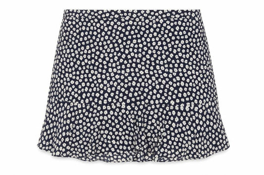 Front view of Marks & Spencer women’s blue floral polyester flare skirt, size UK 18, zip