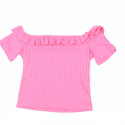 Zara Womens Pink Polyester Basic T-Shirt Size S Off the Shoulder - Ruffle