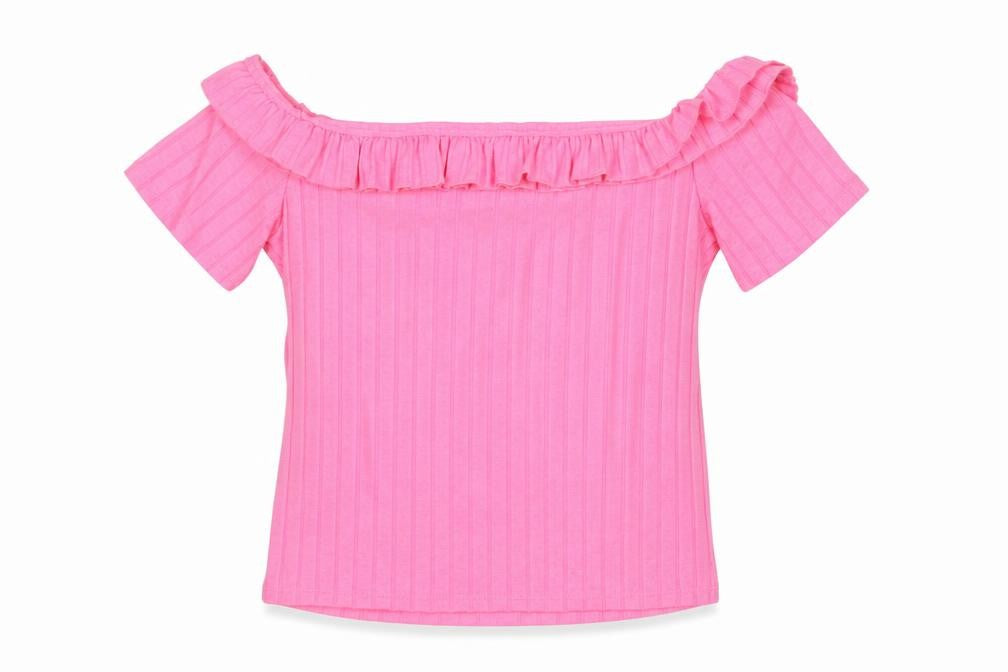 Front view of Zara women’s pink polyester basic t-shirt, size S, off the shoulder - ruffle