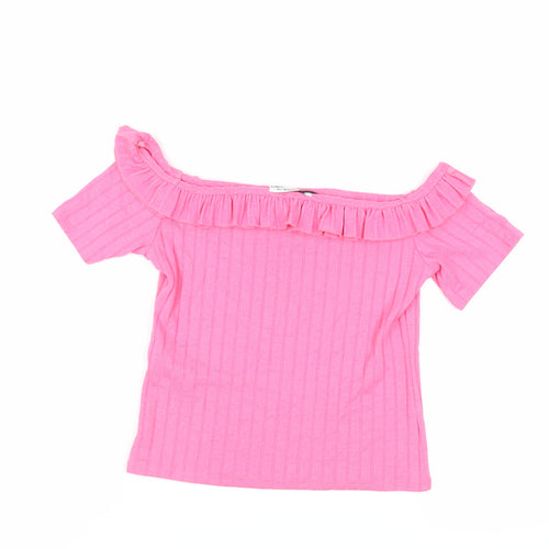Zara Womens Pink Polyester Basic T-Shirt Size S Off the Shoulder - Ruffle