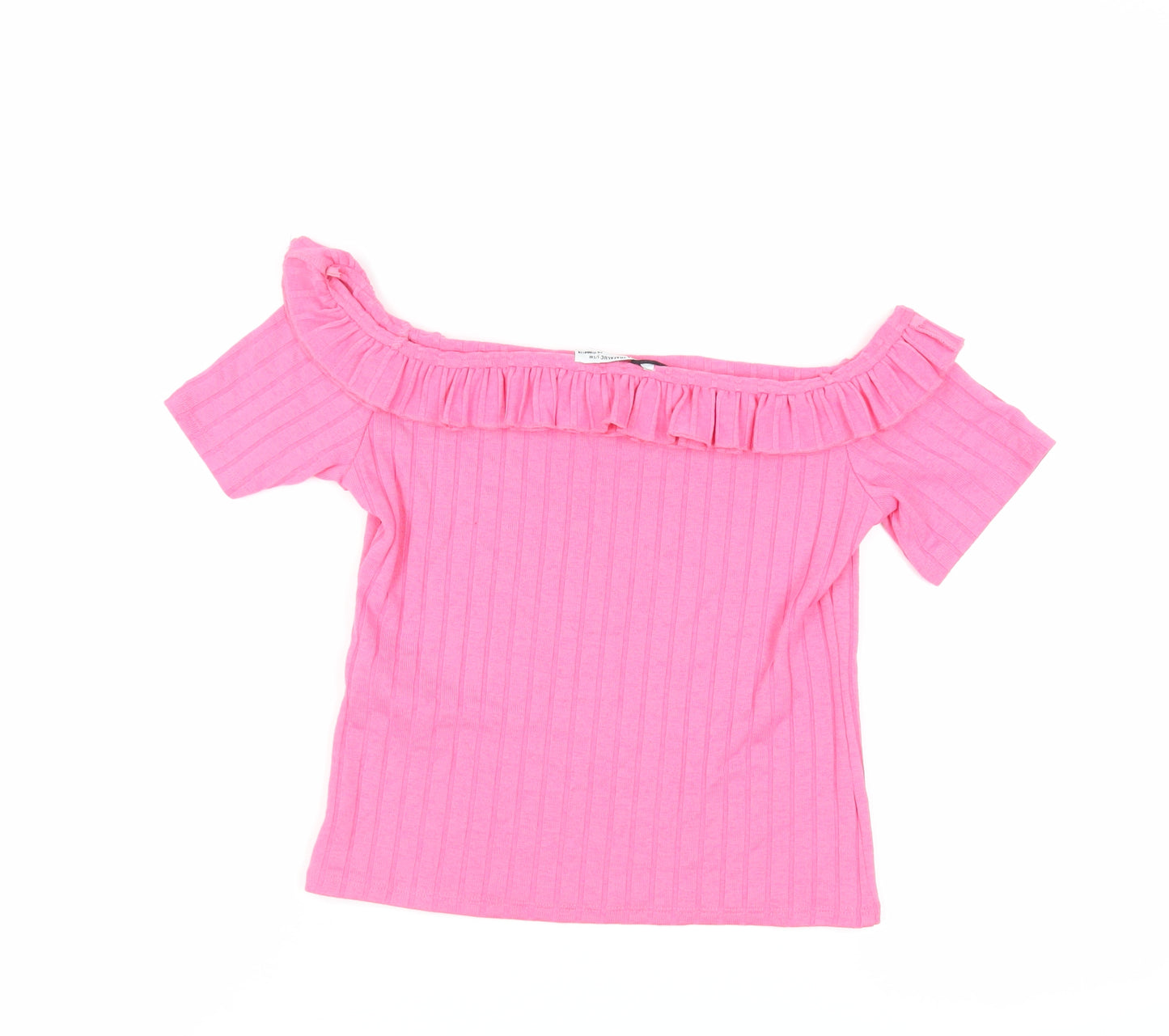 Zara Womens Pink Polyester Basic T-Shirt Size S Off the Shoulder - Ruffle