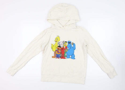 Front view of Uniqlo women’s ivory cotton pullover hoodie, size S, pullover - sesame street