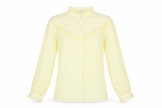 Front view of Chelsea Girl women’s yellow polyester basic button-up, size UK 10, mock neck - lace detail