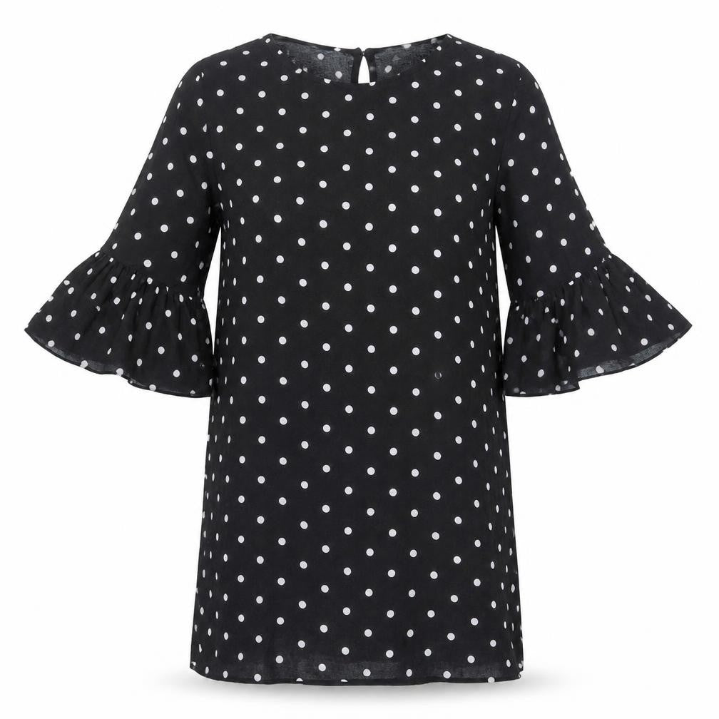 Front view of H&M women’s black polka dot viscose shift, size UK 6, round neck button