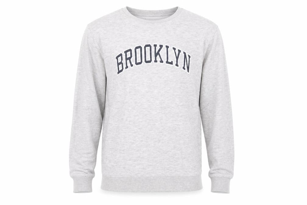 Front view of Brooklyn men’s grey cotton pullover sweatshirt, size S