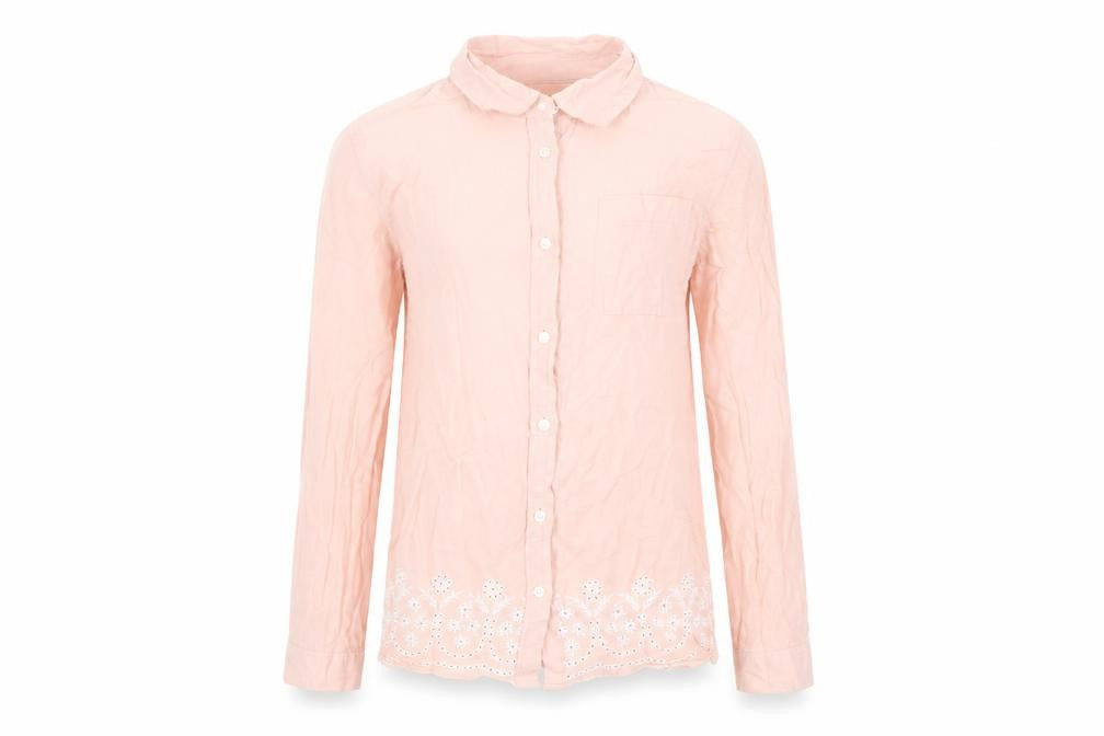 Front view of Gap girls’ pink cotton basic button-up, size 8-9, years collared button - broderie anglaise