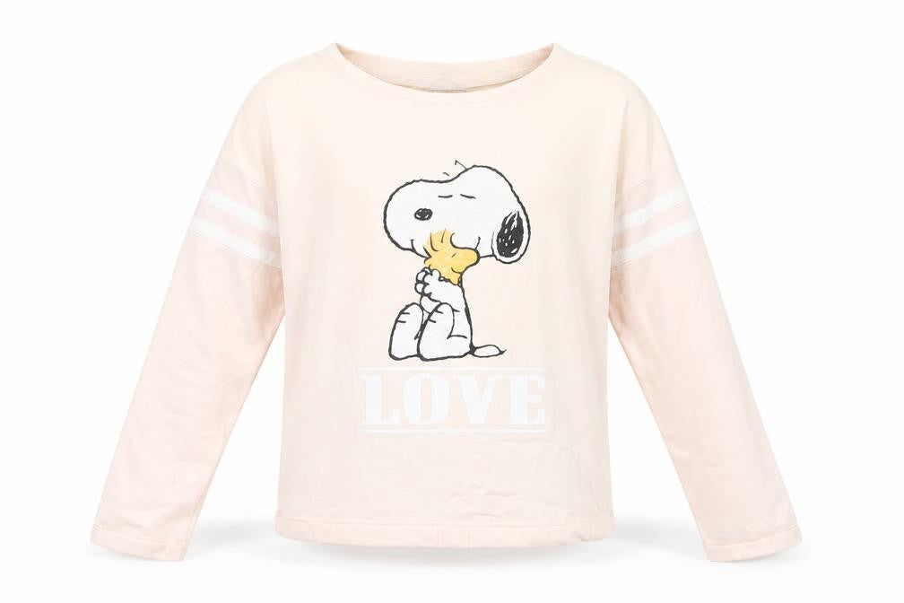 Front view of Marks & Spencer girls’ pink cotton pullover sweatshirt, size 12-13, years pullover - snoopy
