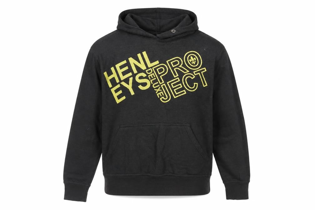 Front view of Henleys men’s black cotton pullover hoodie, size S, - logo