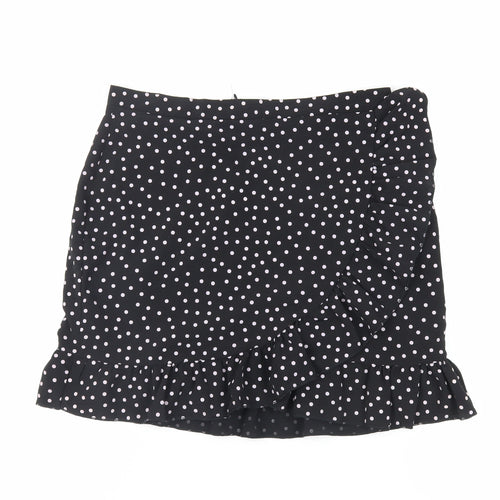 PRETTYLITTLETHING Womens Black Polka Dot Polyester Mini Skirt Size 12 Zip - Ruffle