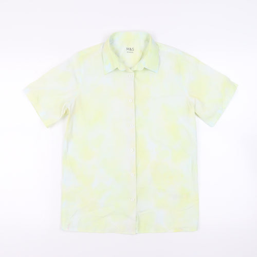 Marks and Spencer Girls Yellow Cotton Basic Button-Up Size 13-14 Years Collared Button - Tie Dye