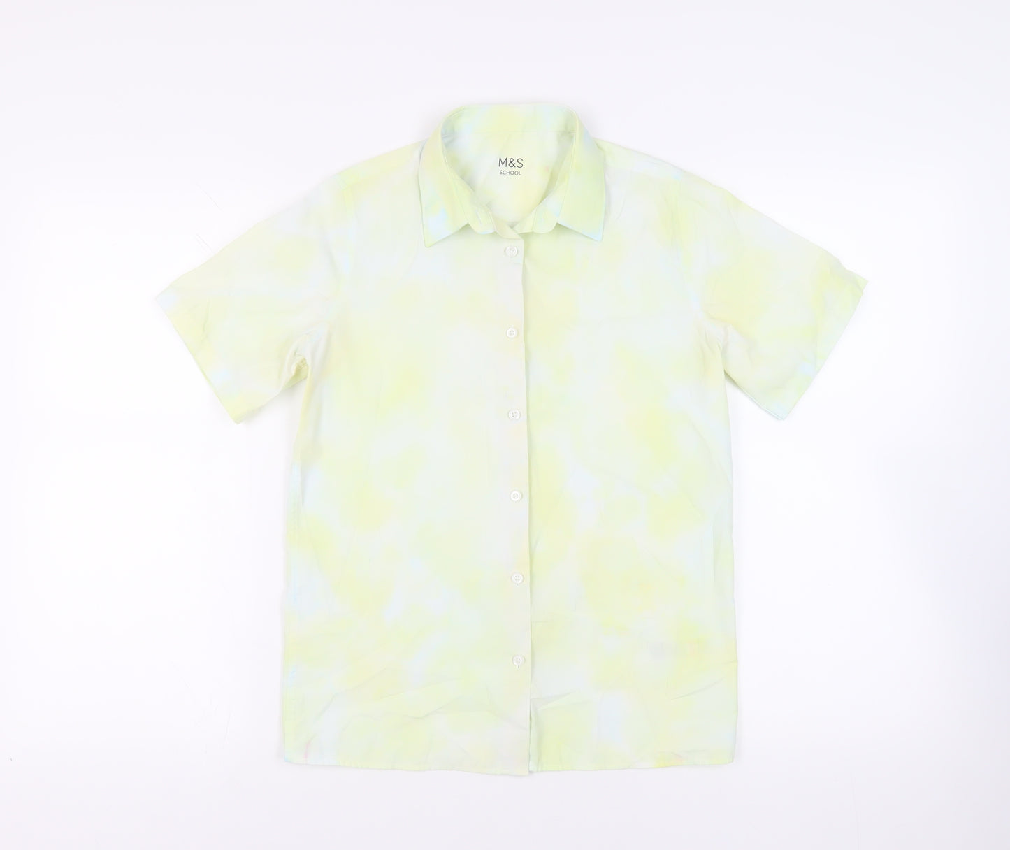 Marks and Spencer Girls Yellow Cotton Basic Button-Up Size 13-14 Years Collared Button - Tie Dye