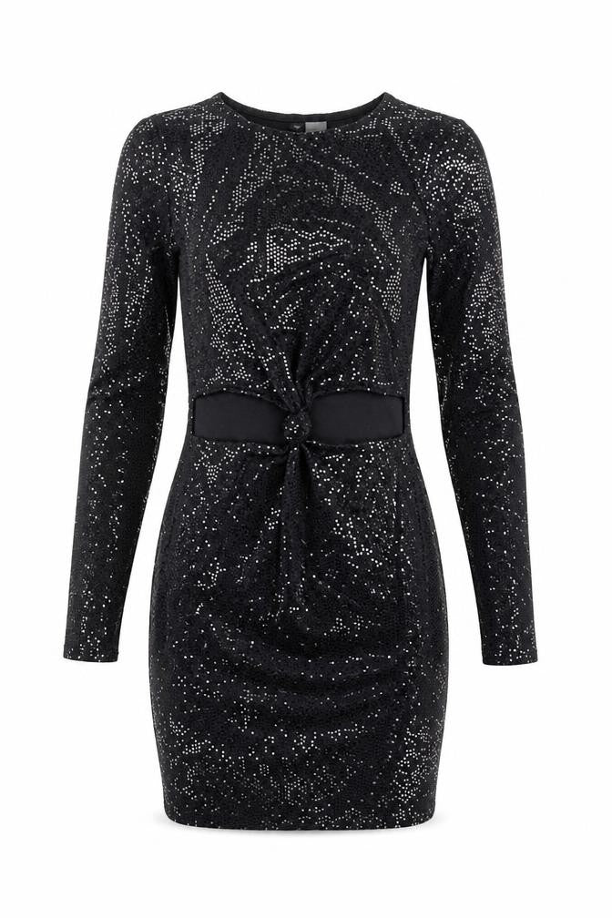 Front view of Divided by H&M women’s black polyester bodycon, size XS, round neck pullover - sequin cut out