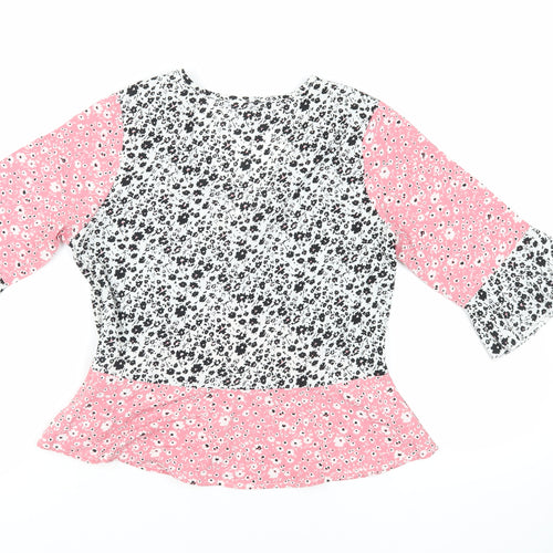 Wednesday's Girl Womens Pink Floral Polyester Basic Blouse Size M V-Neck
