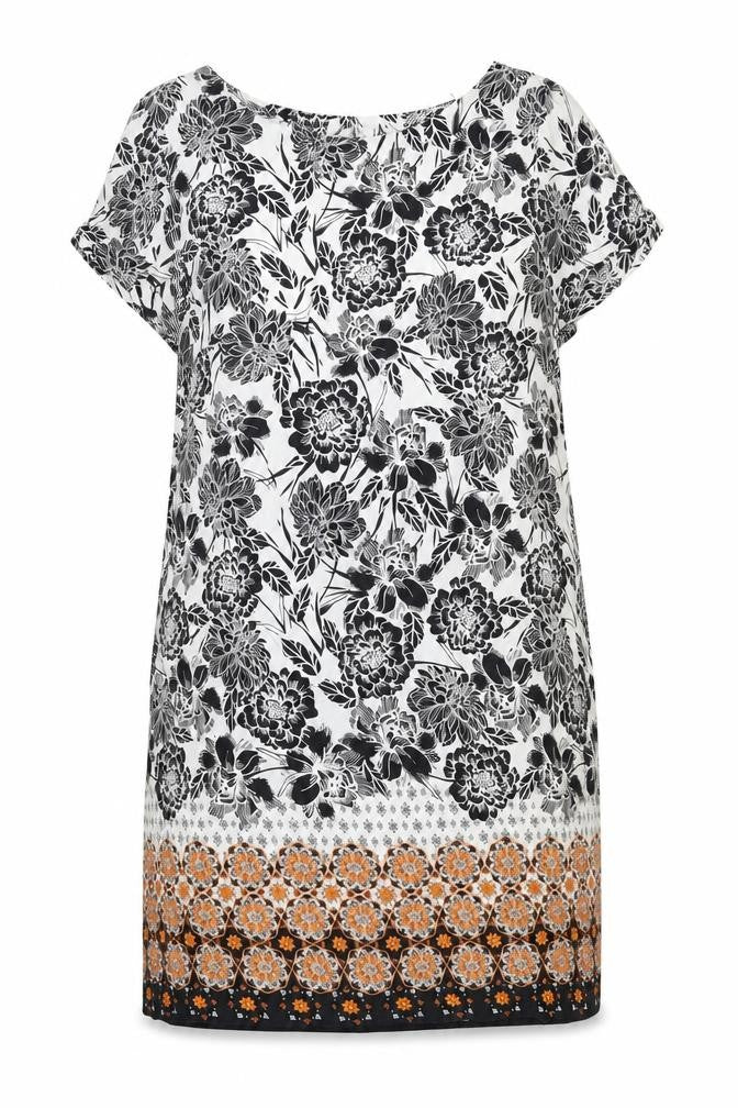 Front view of M&Co women’s black floral viscose shift, size UK 14, boat neck button