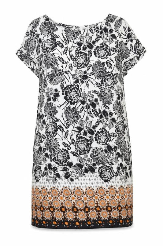 Front view of M&Co women’s black floral viscose shift, size UK 14, boat neck button